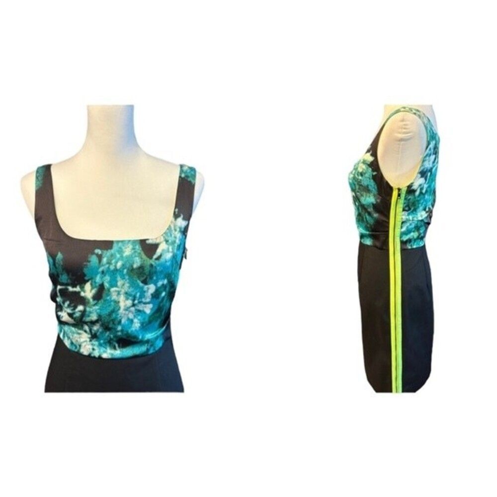 T. Tahari Floral Dress with Bright Green Side Zipper Sz 4
